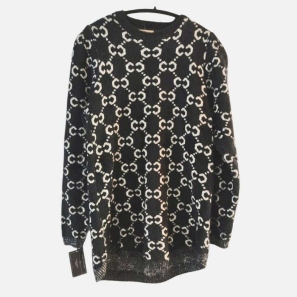 TRÏBE Black   White Print Long Sleeve Crew Neck Sweater Size Large NWT